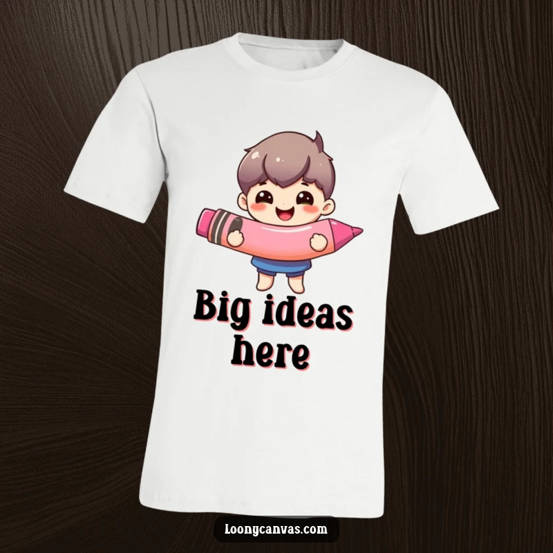 Funny oversized crayon t-shirt, a happy character smiling while holding a comically large crayon. Artistic and fun.