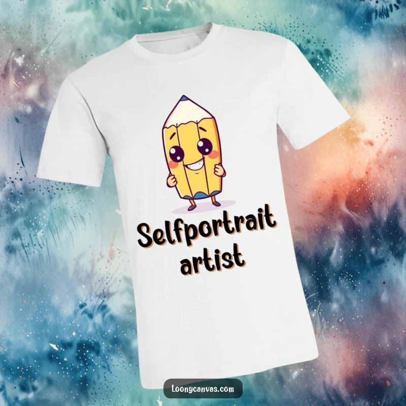 Funny cheeky pencil character with a goofy grin drawing itself on a t-shirt, showcasing artistic ambition and playful self-awareness.