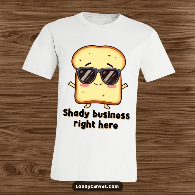 Funny t-shirt with a giggling slice of toast character hilariously struggling to keep oversized sunglasses on, radiating pure, unadulterated fun.