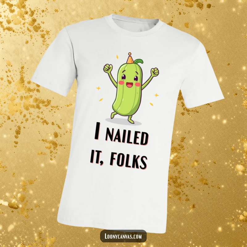 Funny t-shirt with a triumphant pickle character doing a lively victory dance, conveying unstoppable joy and achievement.