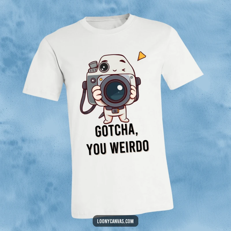 Funny t-shirt depicting a joyful camera character taking a picture of a bizarre and fleeting moment.