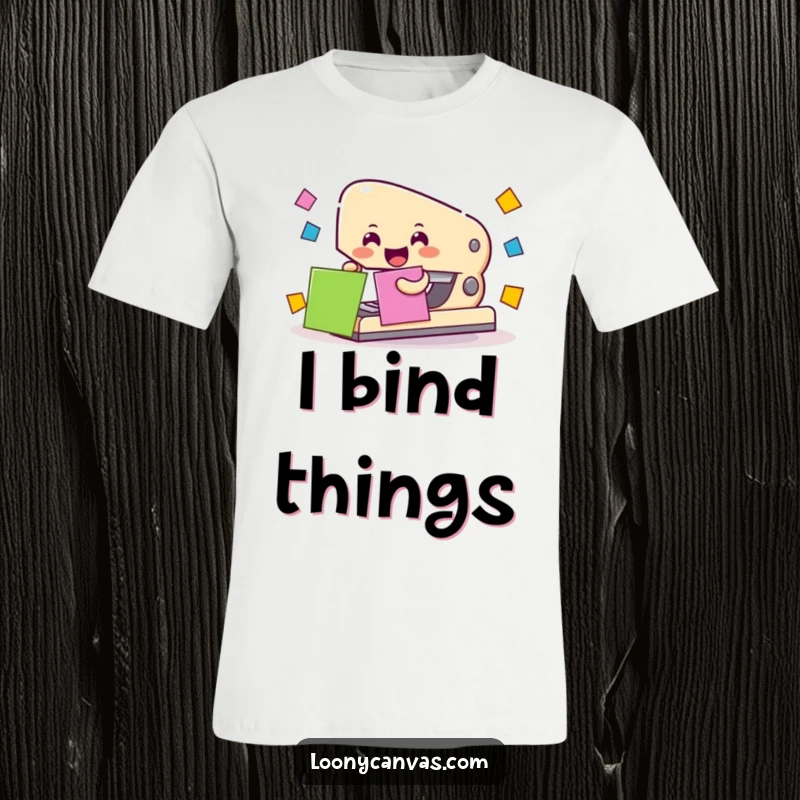 Cheerful stapler character actively attaching colorful paper squares, featured on a t-shirt.