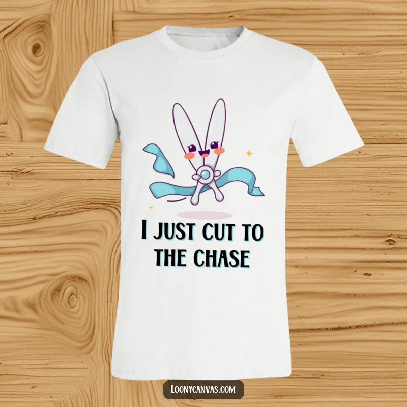 Funny t-shirt with a delighted scissors character joyfully snipping a flowing ribbon, celebrating creativity and good times.