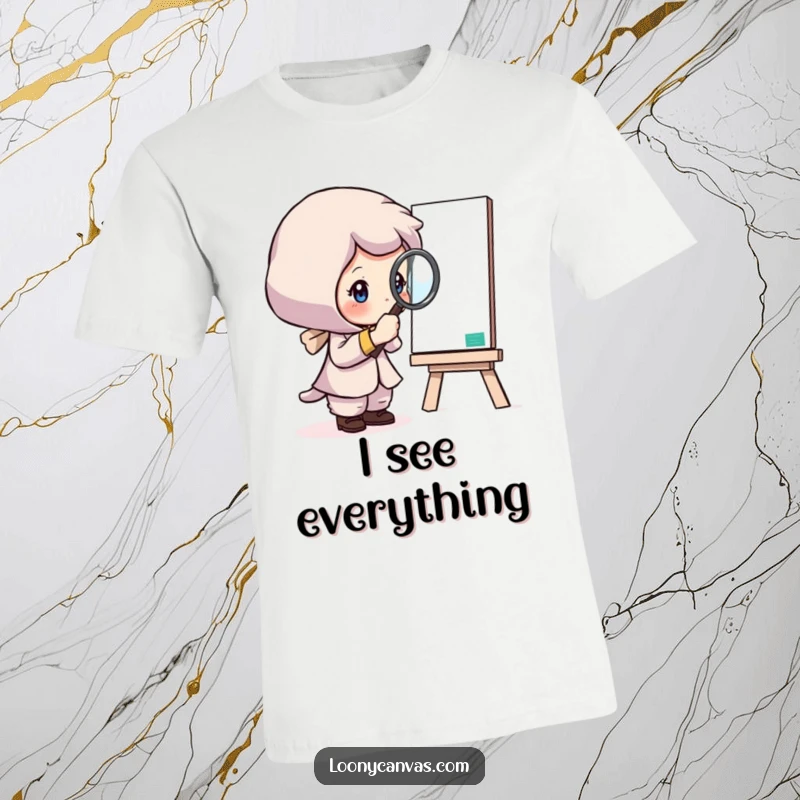 Funny t-shirt depicting a curious character using a magnifying glass to examine a canvas, celebrating detailed observation.