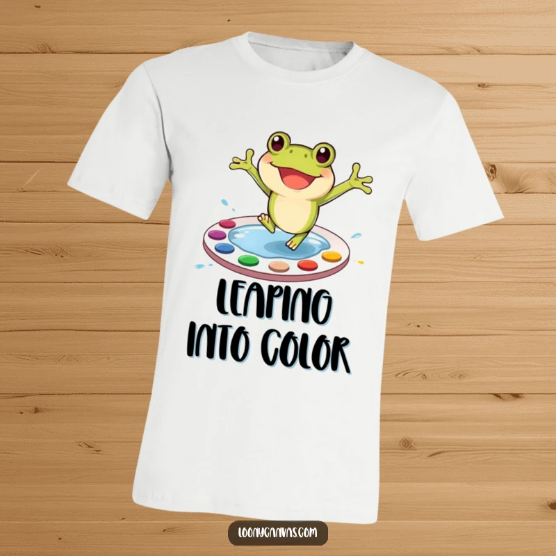 Funny Frog T-Shirt: A joyful frog character leaping enthusiastically into a vibrant paint palette, celebrating art.