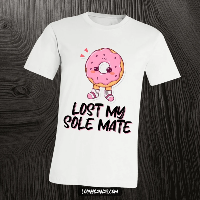 Funny t-shirt with a confused donut character looking down at its tiny, mismatched socks with utmost confusion and charm.