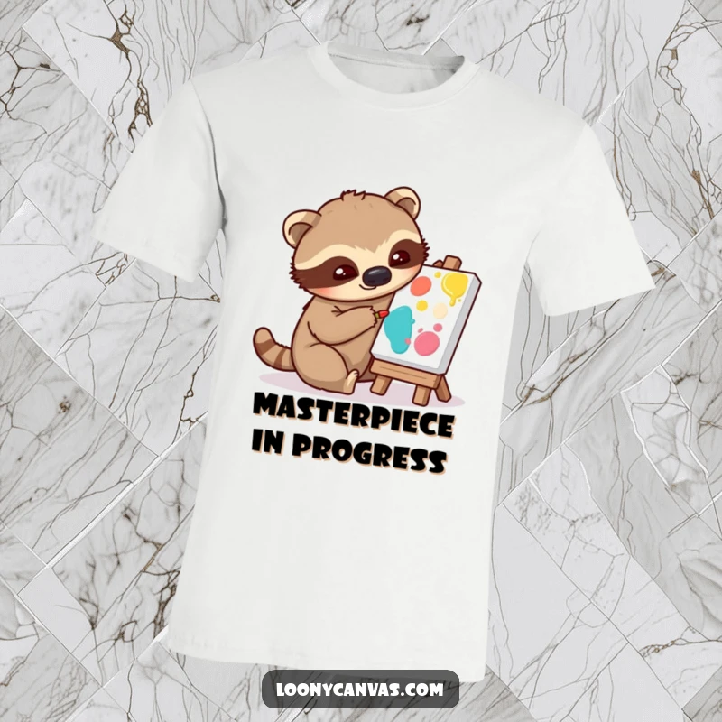 Funny t-shirt graphic of a playful sloth character patiently dabbing paint onto a small canvas, showcasing artistic dedication.