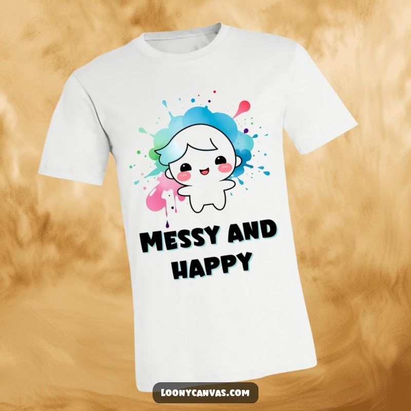 Funny t-shirt graphic of a happy, anthropomorphic character created from a dynamic ink splatter, conveying playfulness and artistic joy.