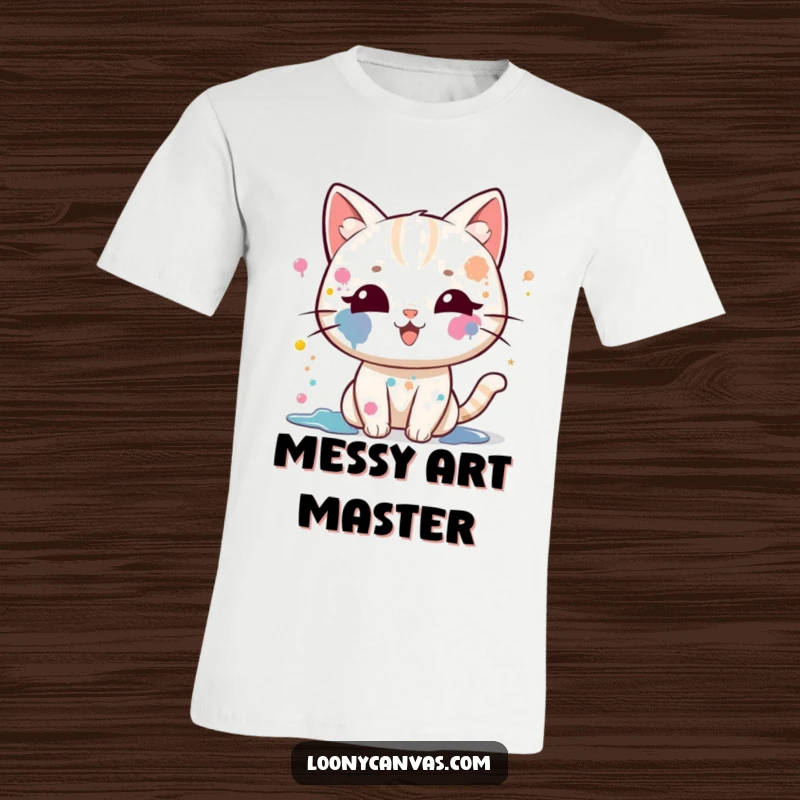 Funny kawaii cat t-shirt, a cat with paint splatters on its face, gleefully flinging paint, embodying artistic fun.