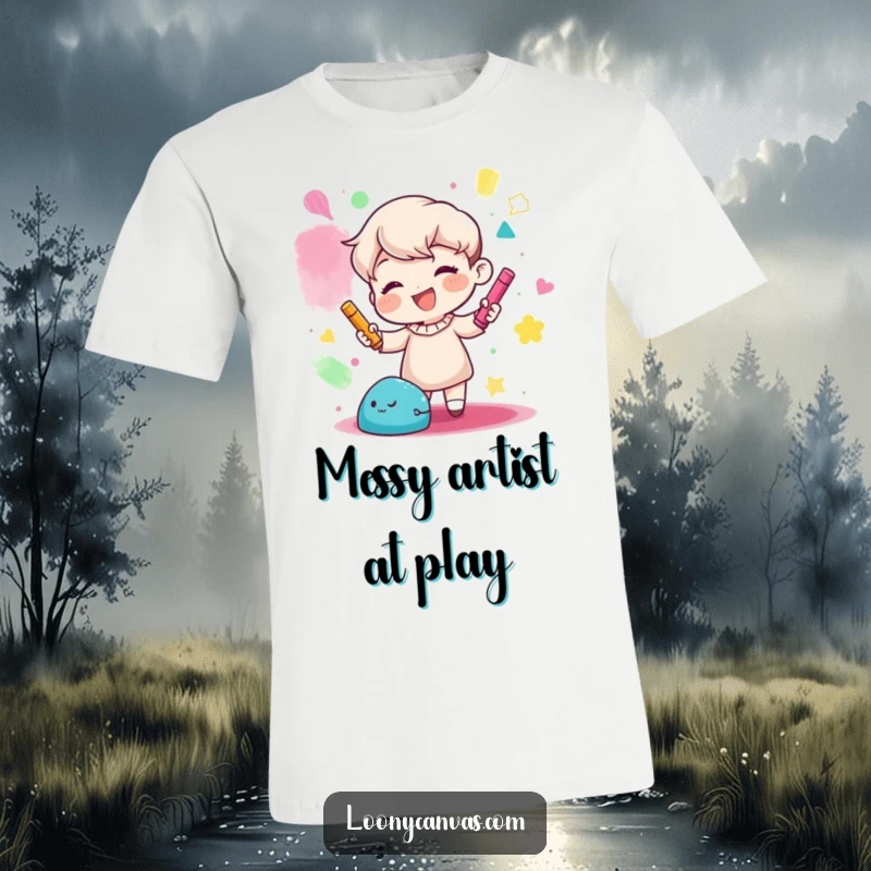 Funny t-shirt depicting a gleeful character enthusiastically creating abstract shapes with colorful chalk, celebrating artistic expression.