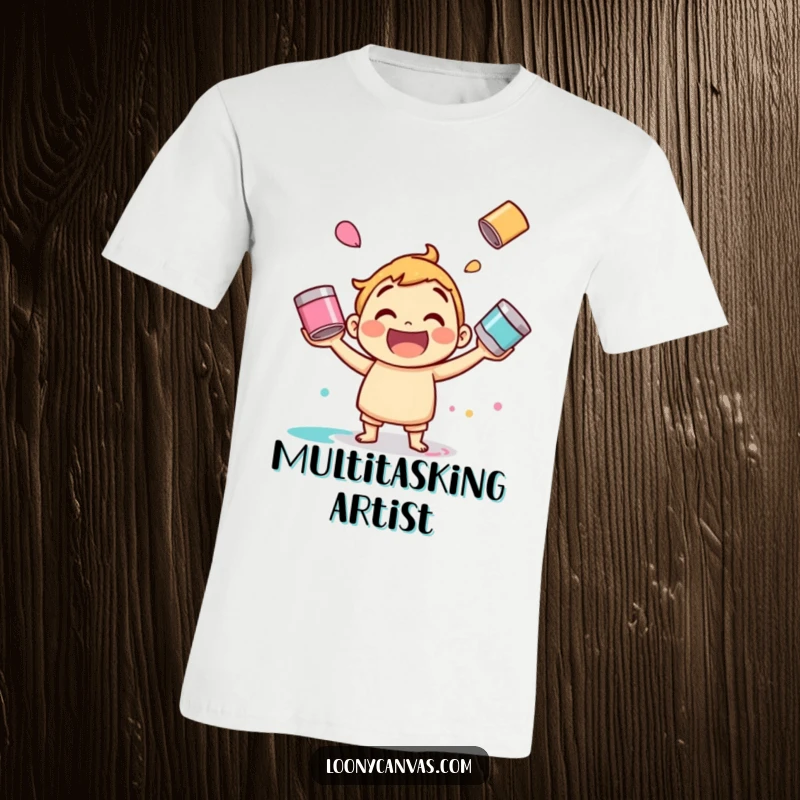 Funny paint juggling t-shirt, a jolly character happily tossing paint cans, creating colorful motion. Playful artist.