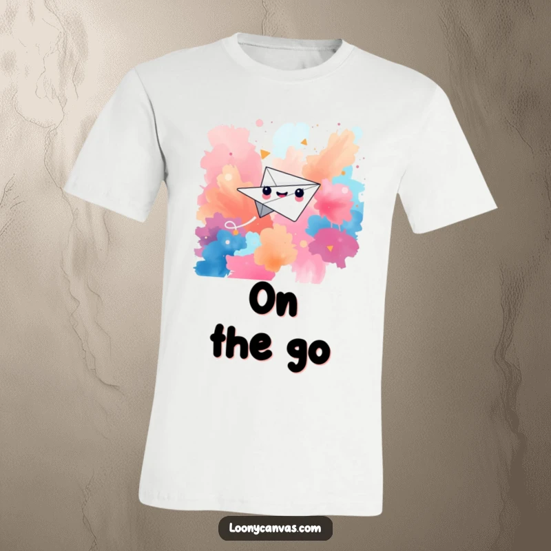 Funny t-shirt showing a happy paper airplane character soaring gracefully through a colorful, abstract background.