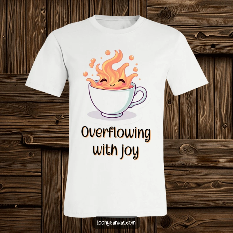 Funny kawaii giggling teacup spilling vibrant tea on a t-shirt, great for tea lovers and as a funny gift.