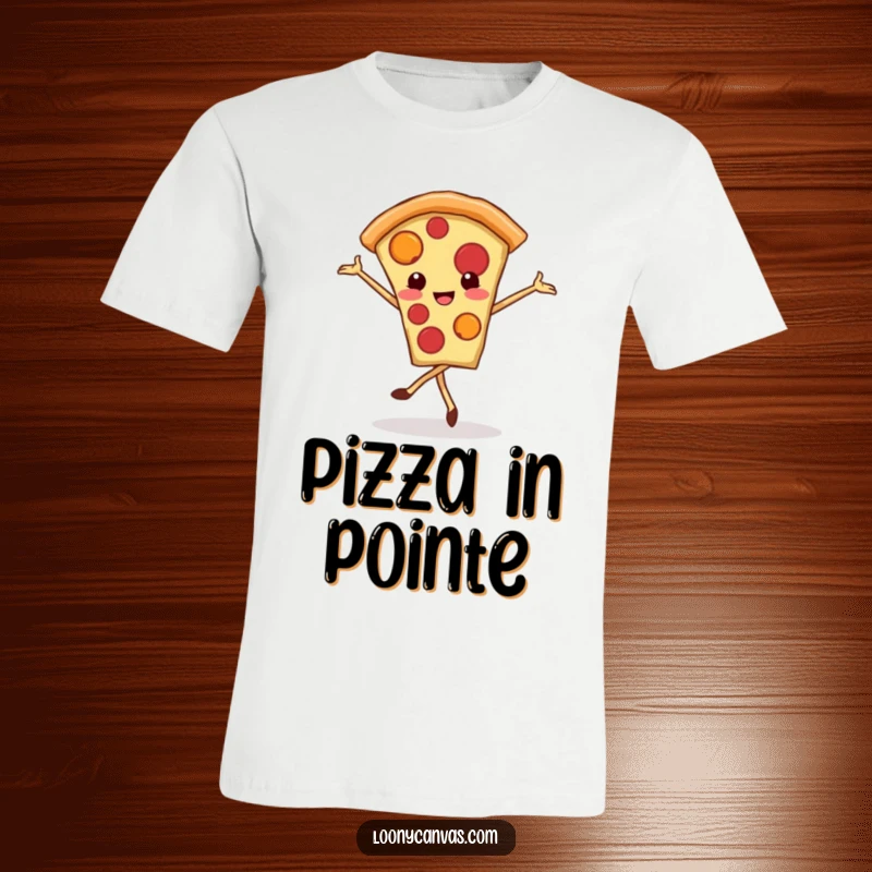 Funny kawaii pizza slice t-shirt, a smiling pizza slice energetically performing a ballet pirouette, showcasing food and dance joy.