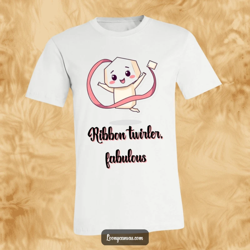 Funny t-shirt featuring a giddy geometric character happily twirling a long, flowing ribbon, showcasing playful energy and dance.