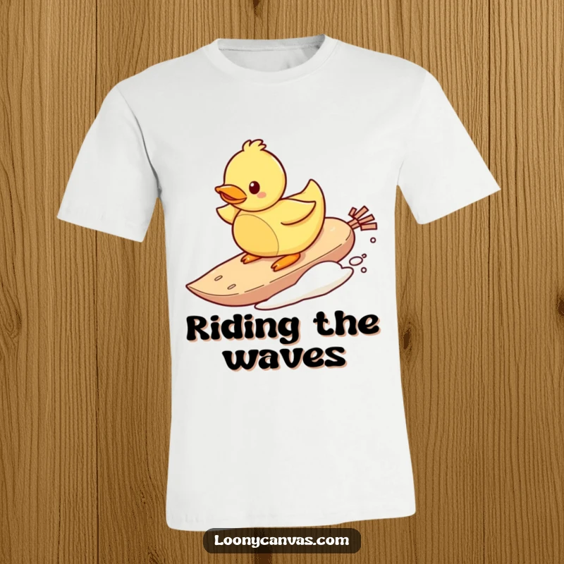 Funny t-shirt featuring a playful rubber ducky surfing on a teabag, symbolizing fun, adventure, and delightful absurdity.