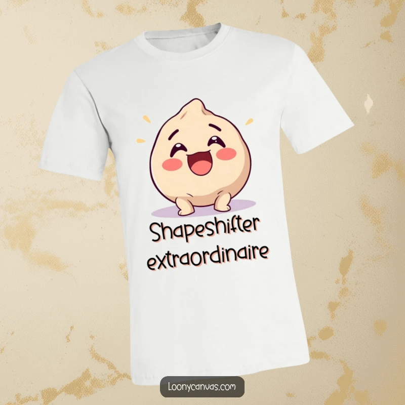 Funny t-shirt with an excited clay ball squishing into a funny shape, representing playful artistic expression and adaptability.