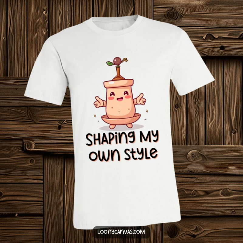 Funny T-shirt featuring a spinning clay pot character undergoing a whimsical transformation, representing growth and creative metamorphosis.