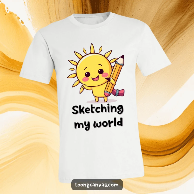 Funny kawaii cheerful pencil drawing a smiling sun on a t-shirt, great for artists and as a funny, cheerful gift.