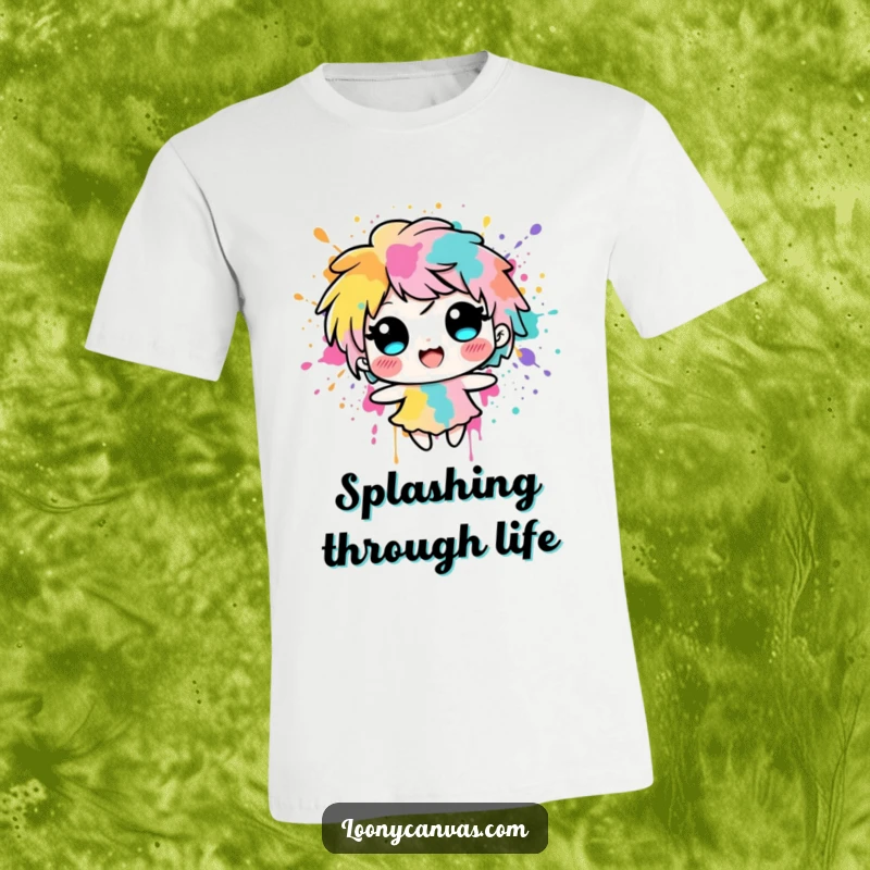 Funny delighted ink blot character splashes with vibrant colors, depicted on a t-shirt for expressive fun.