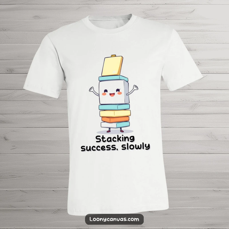 Funny t-shirt featuring a cheerful cube character enthusiastically balancing a stack of wobbling canvases, showcasing artistic passion and humor.