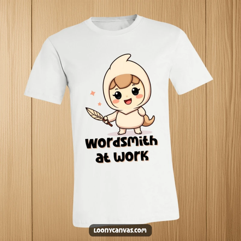 Funny t-shirt depicting a cheerful character enthusiastically writing with a quill pen, perfect for literature lovers.