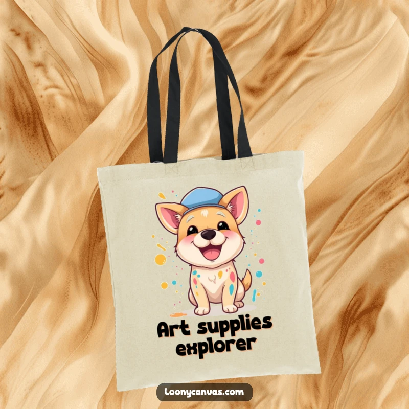 Funny tote bag showcasing a cheerful dog in a beret, enthusiastically splattering paint like a true abstract artist.