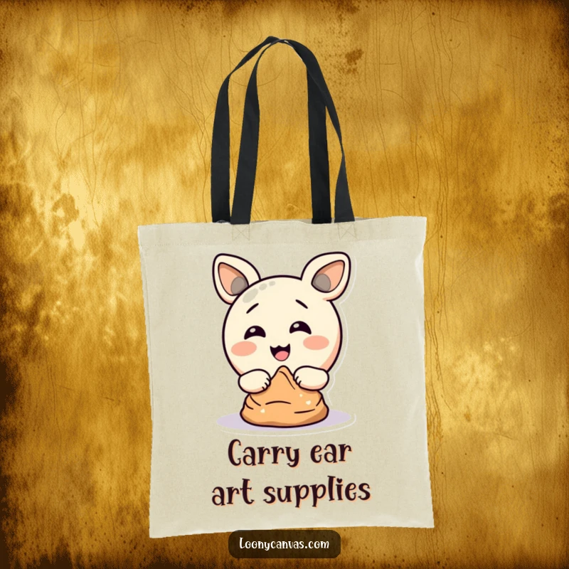 Funny tote bag depicting a delighted circle character comically sculpting clay with its ears, symbolizing eccentric artistic expression.
