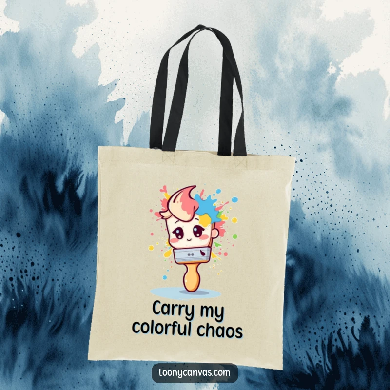 Funny tote bag featuring a shy paintbrush awkwardly splattering paint, ideal for carrying art supplies humorously.