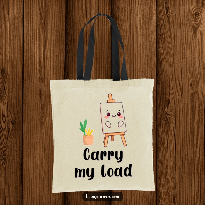 Funny kawaii easel tote bag, leaning precariously with a smile, humorous and practical accessory, an excellent funny gift.