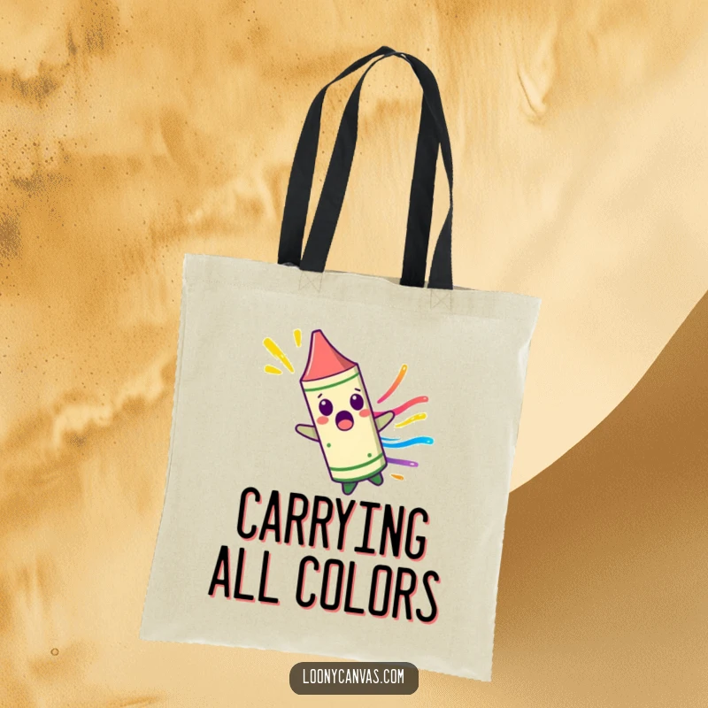 Funny surprised crayon character spinning uncontrollably, leaving a colorful streak on a tote bag, ideal for carrying essentials with flair.