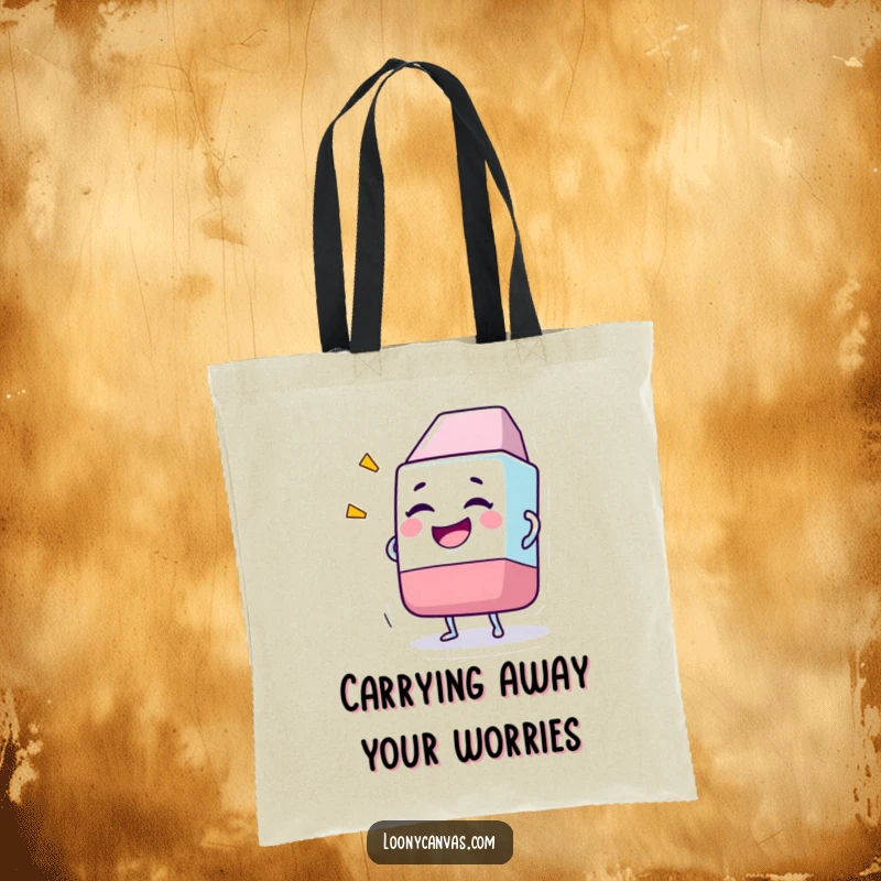 Funny tote bag showcasing a cheerful eraser character joyfully wiping away a comically large sketch.