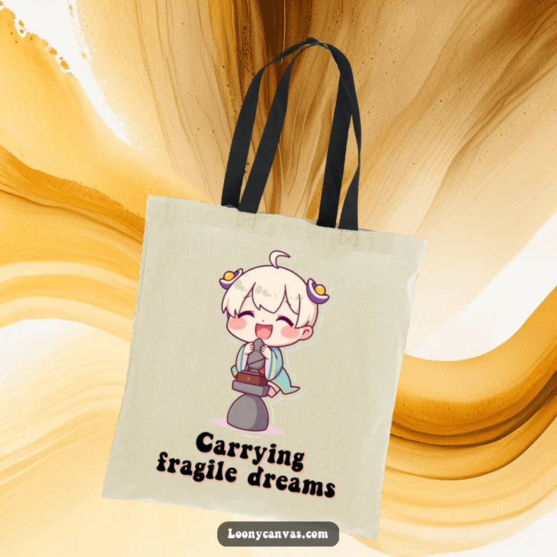 Funny tote bag with a delighted character attempting to balance a tiny sculpture, a humorous design for art lovers.