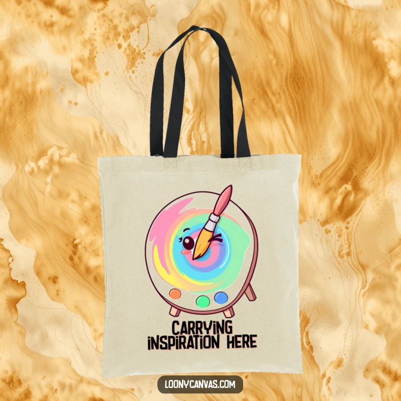 Funny kawaii winking paintbrush artistically swirling paint on a tote bag, a functional and humorous gift for art lovers.