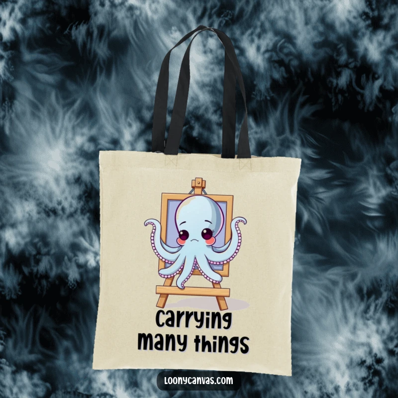 Funny goofy octopus character trying to hang a painting with all arms on a tote bag, for decor lovers.