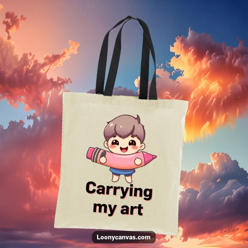 Funny oversized crayon tote bag, a happy character proudly holding a giant crayon. Functional and artistic.