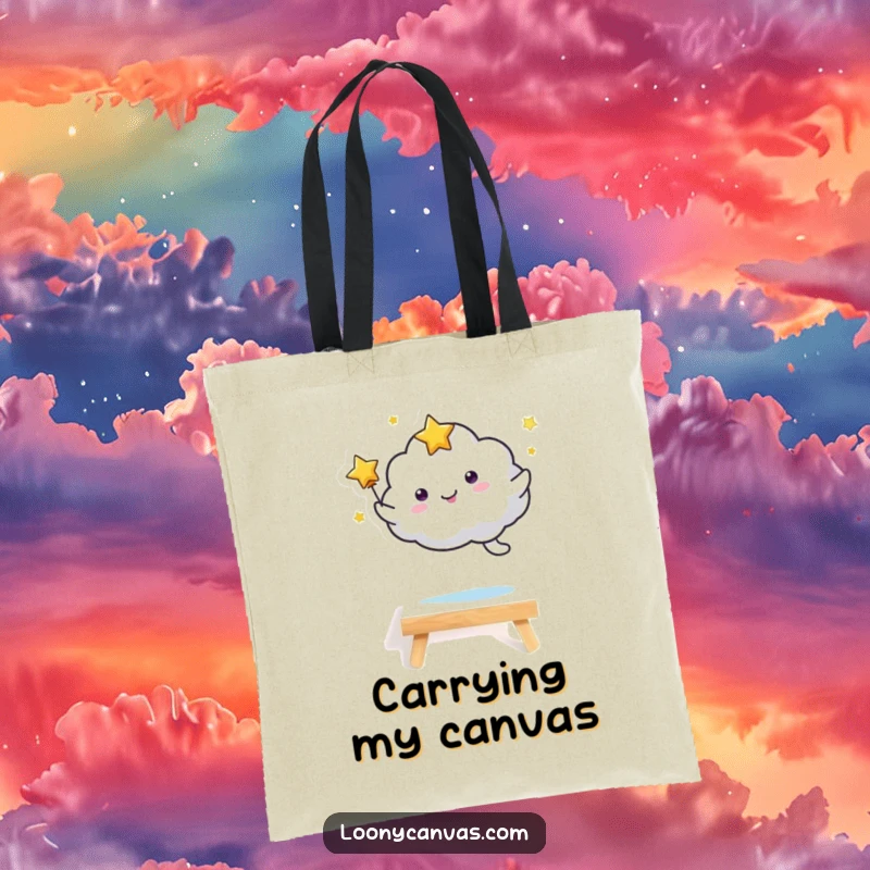 Funny kawaii starry cloud character leaping energetically over a mini canvas, ideal for carrying art supplies. A functional and funny tote.