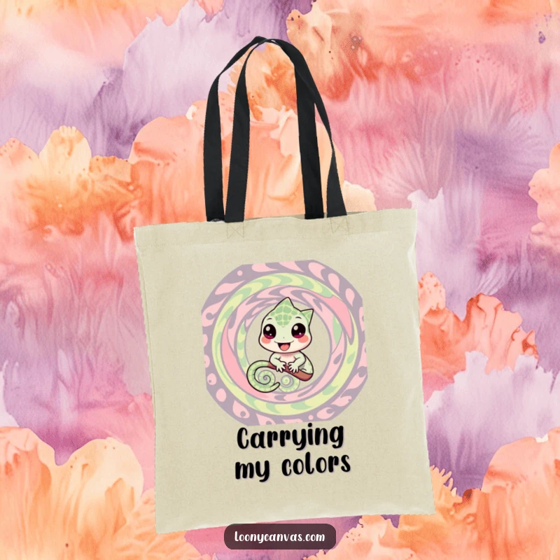 Funny tote bag with a cheerful chameleon blending into a swirling pattern, ideal for carrying items with a touch of adaptable humor.