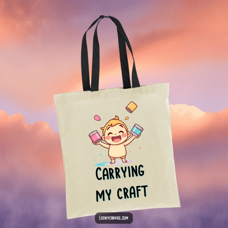 Funny paint juggling tote bag, a jolly character mid-juggle with colorful paint cans. Functional and artistic.