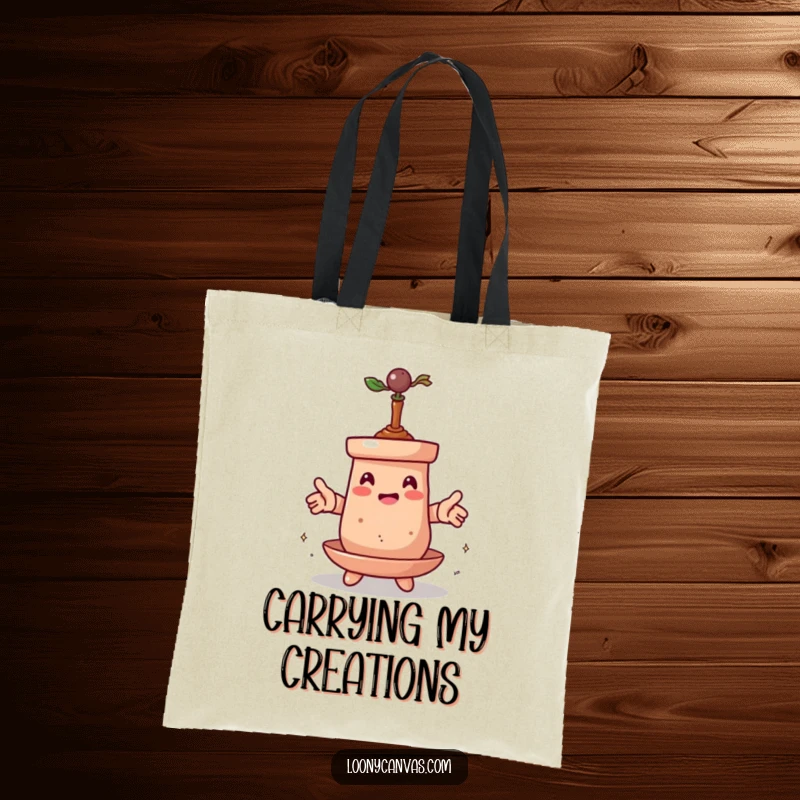 Funny tote bag with a spinning clay pot character transforming itself, ideal for carrying supplies with a reminder of creative metamorphosis.