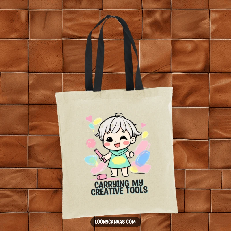 Funny tote bag with a gleeful character creating abstract shapes with colored chalk, perfect for artists and art fans.