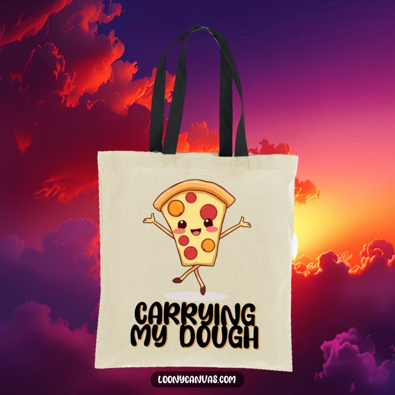 Funny kawaii pizza slice tote bag, a smiling pizza slice enthusiastically performing a ballet pirouette, perfect for errands.