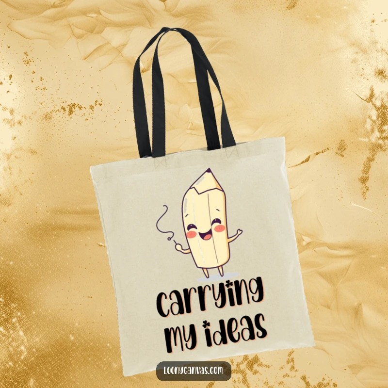 Funny tote bag with a playful pencil character drawing a spontaneous squiggle with a cheerful flourish, great for art supplies.