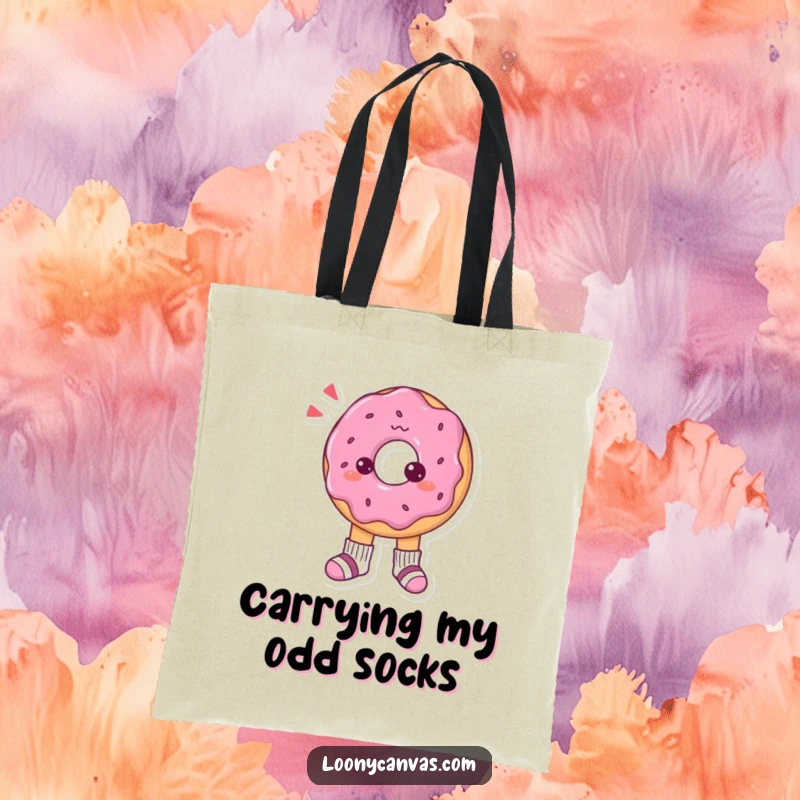 Funny tote bag showcasing a confused donut character bewildered by its tiny, mismatched socks, perfect for everyday use.