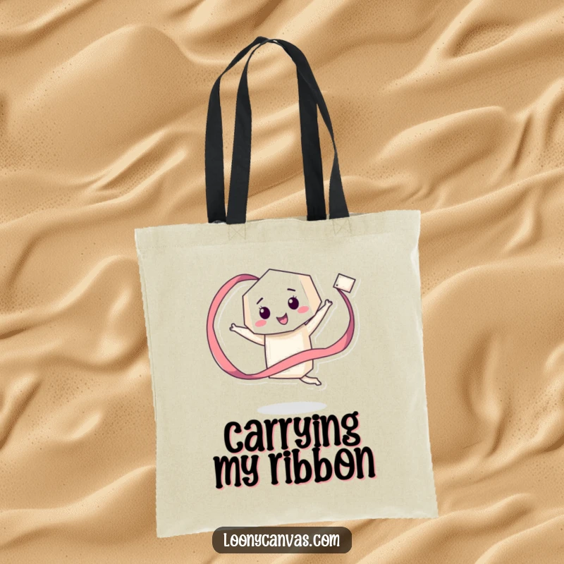 Funny tote bag showcasing a giddy geometric character happily twirling a long, flowing ribbon, perfect for carrying essentials with happy dance flair.