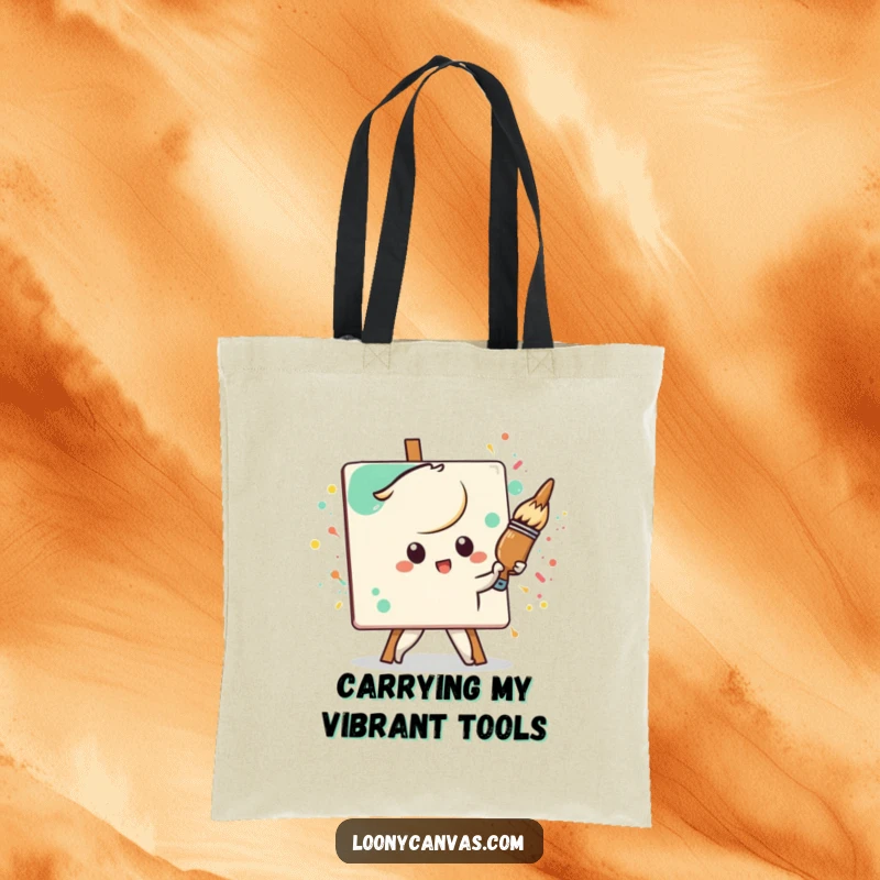 Funny determined Kawaii paintbrush character, aggressively painting a messy, splattered canvas, a humorous and functional tote bag.