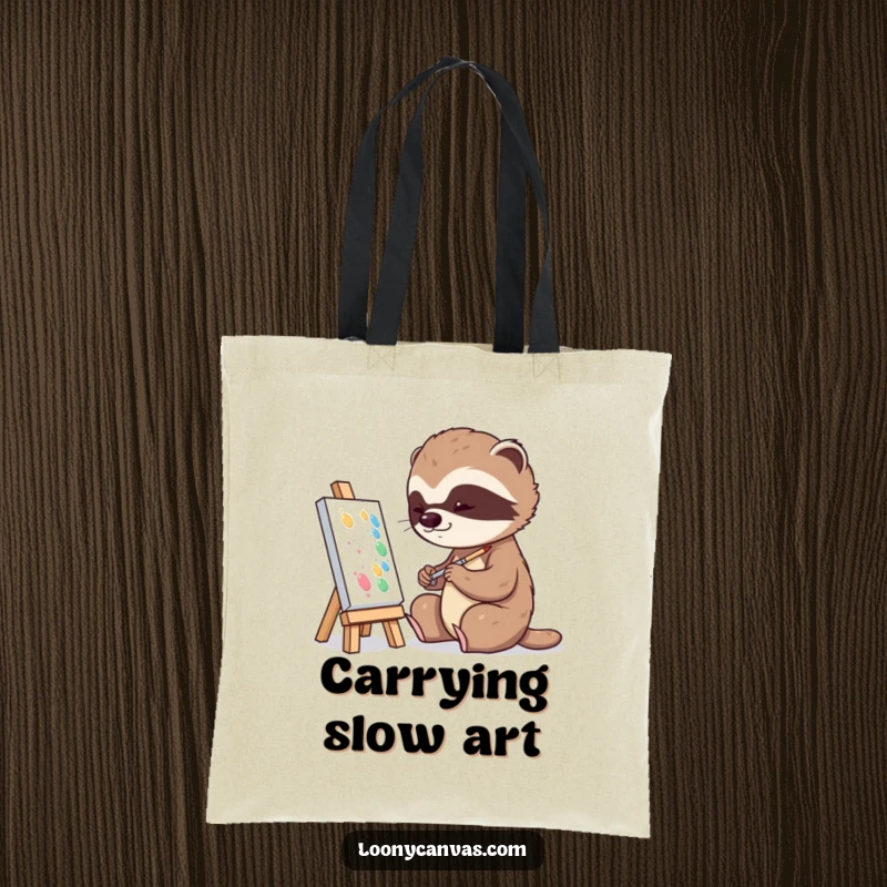 Funny playful sloth character slowly dabbing paint onto a tiny canvas on a tote bag, for art lovers.