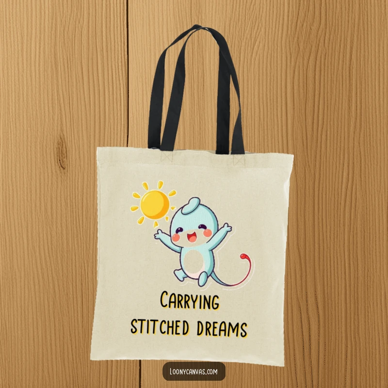 Funny tote bag with a leaping needle character stitching a bright sun, ideal for carrying sewing notions with a touch of handmade fun.