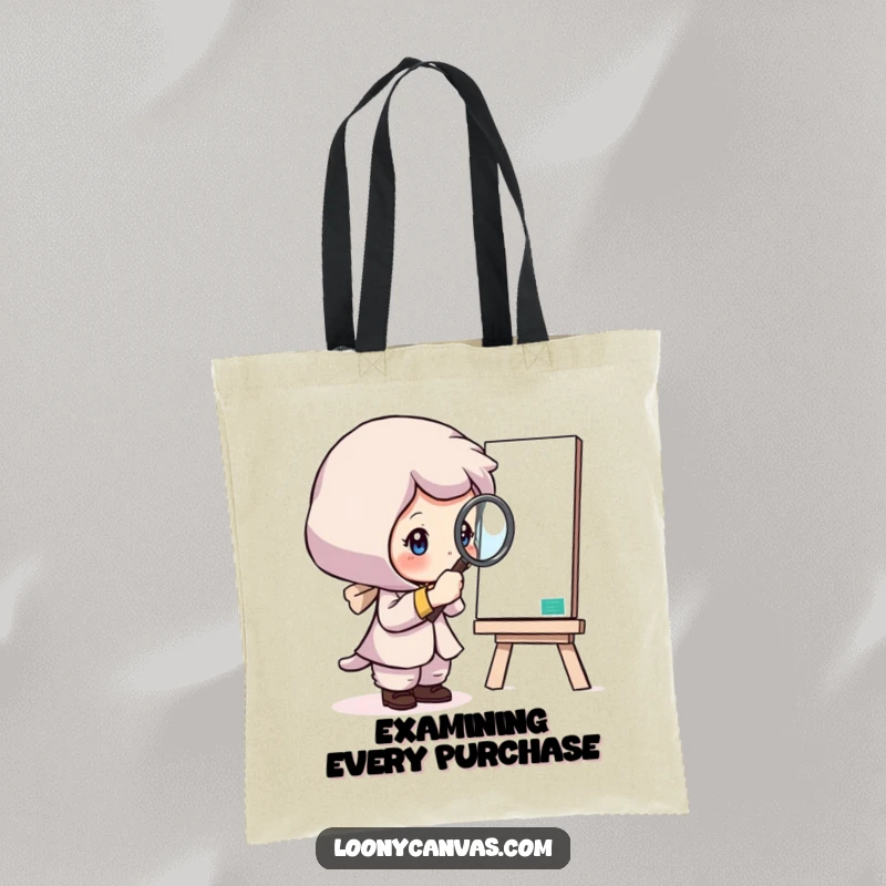 Funny tote bag showcasing a curious character intently examining a canvas with a magnifying glass, perfect for observation enthusiasts.
