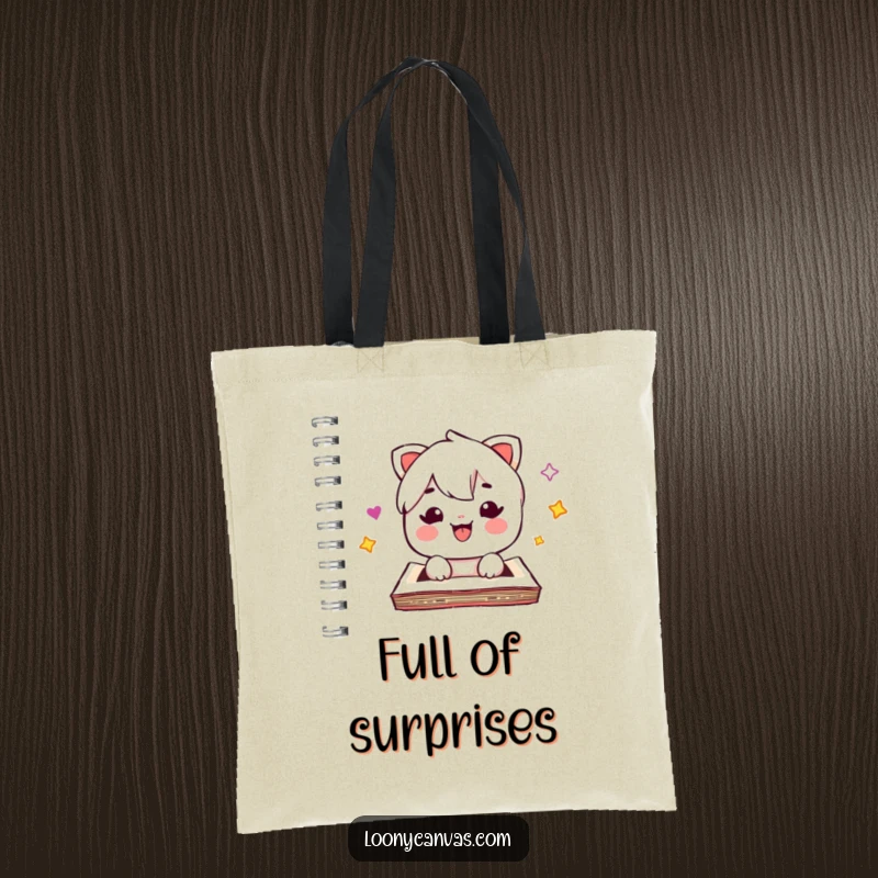 Funny kawaii sketchpad tote bag, popping open with surprise, humorous and practical accessory, an excellent funny gift.